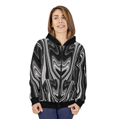 Radiating Elegance V2 Modern Black and White Swirl Unisex Zip Hoodie - Stylish Comfort for All Occasions