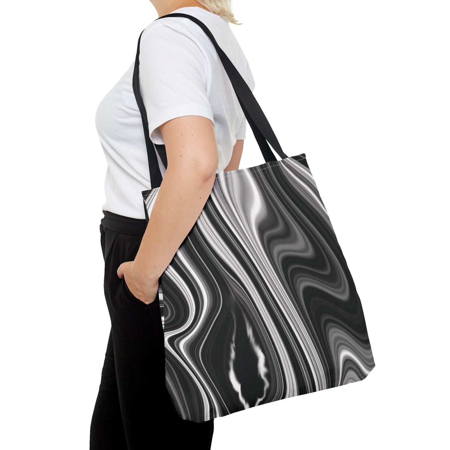 Radiating Elegance V2 Chic Black and White Swirl Tote Bag - Stylish Reusable Shopping Bag