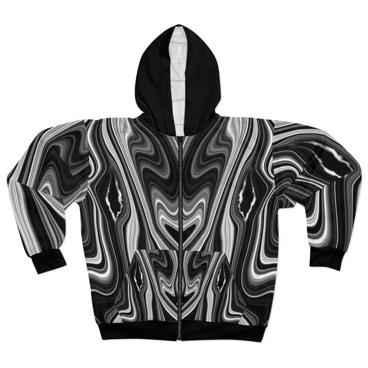 Radiating Elegance V2 Modern Black and White Swirl Unisex Zip Hoodie - Stylish Comfort for All Occasions