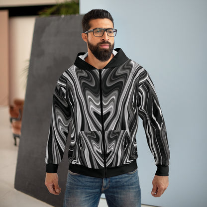 Radiating Elegance V2 Modern Black and White Swirl Unisex Zip Hoodie - Stylish Comfort for All Occasions