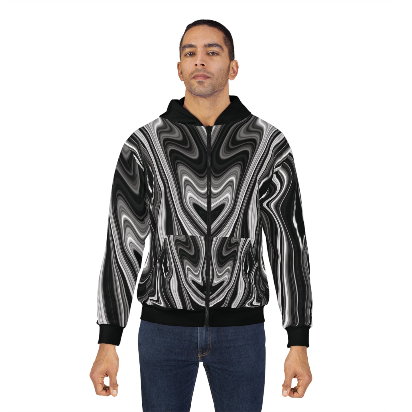 Radiating Elegance V2 Modern Black and White Swirl Unisex Zip Hoodie - Stylish Comfort for All Occasions